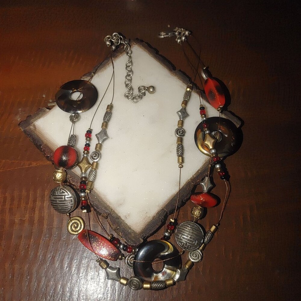 Chicos Multicolor Beaded Necklace With Tortoiseshell & Red Accents